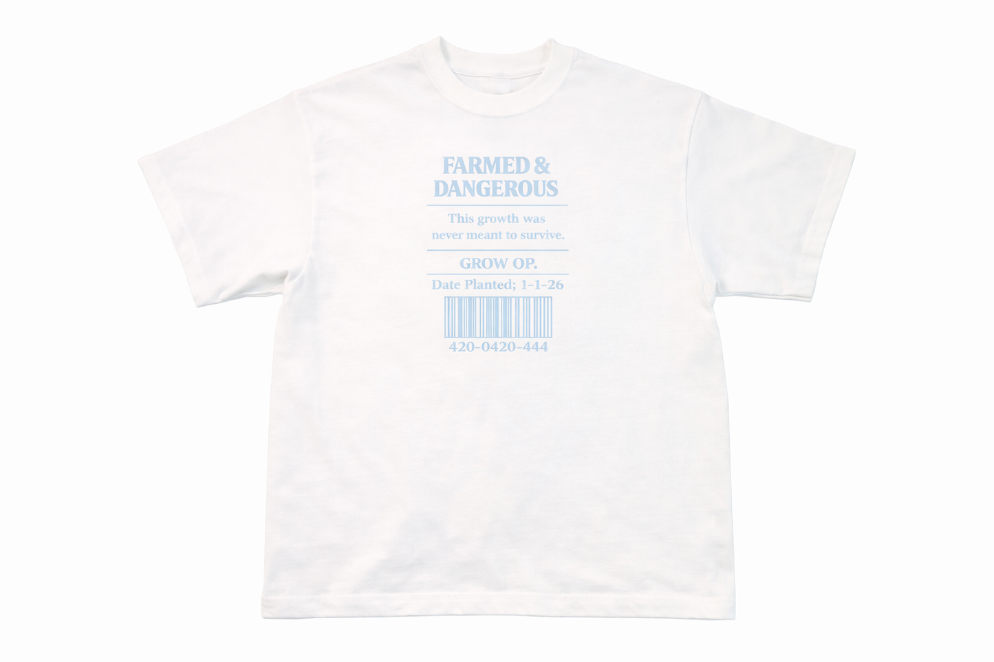Grow Op. “Farmed & Dangerous” Tee — White / Powder Blue