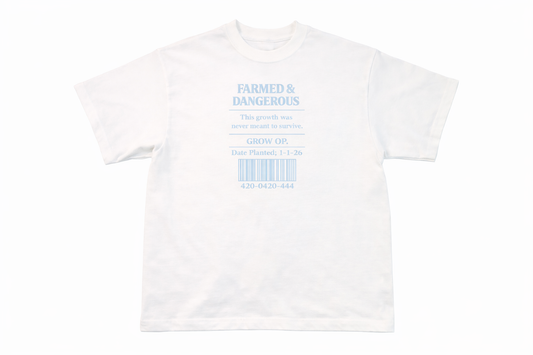 Grow Op. “Farmed & Dangerous” Tee — White / Powder Blue