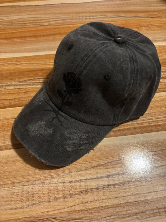 GROW OP — Washed Black Cracked Rose Distressed Dad Hat